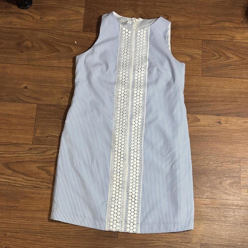 London Times Blue and White Striped Seersucker Sleeveless Sheath Dress Office